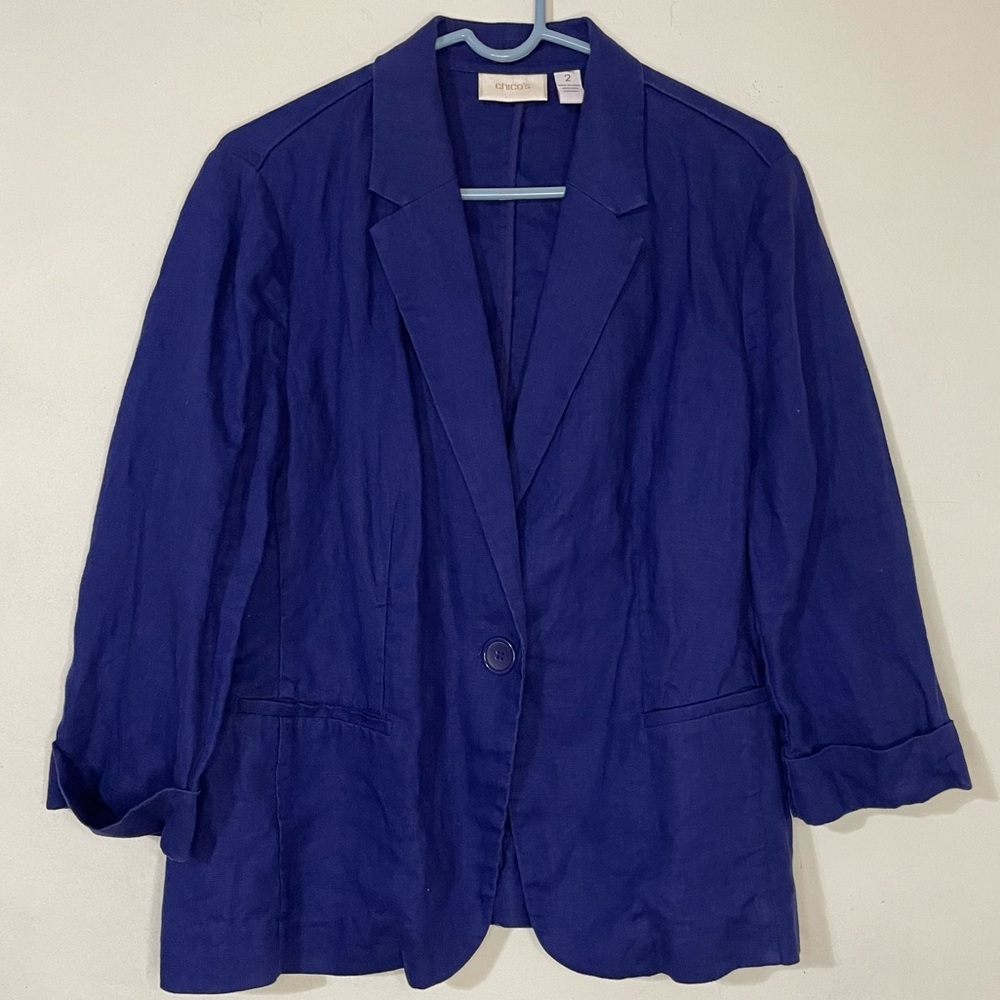 Chico’s 100% Linen Notched Lapel 3/4 Sleeve Blue Purple Blazer Sz. L
